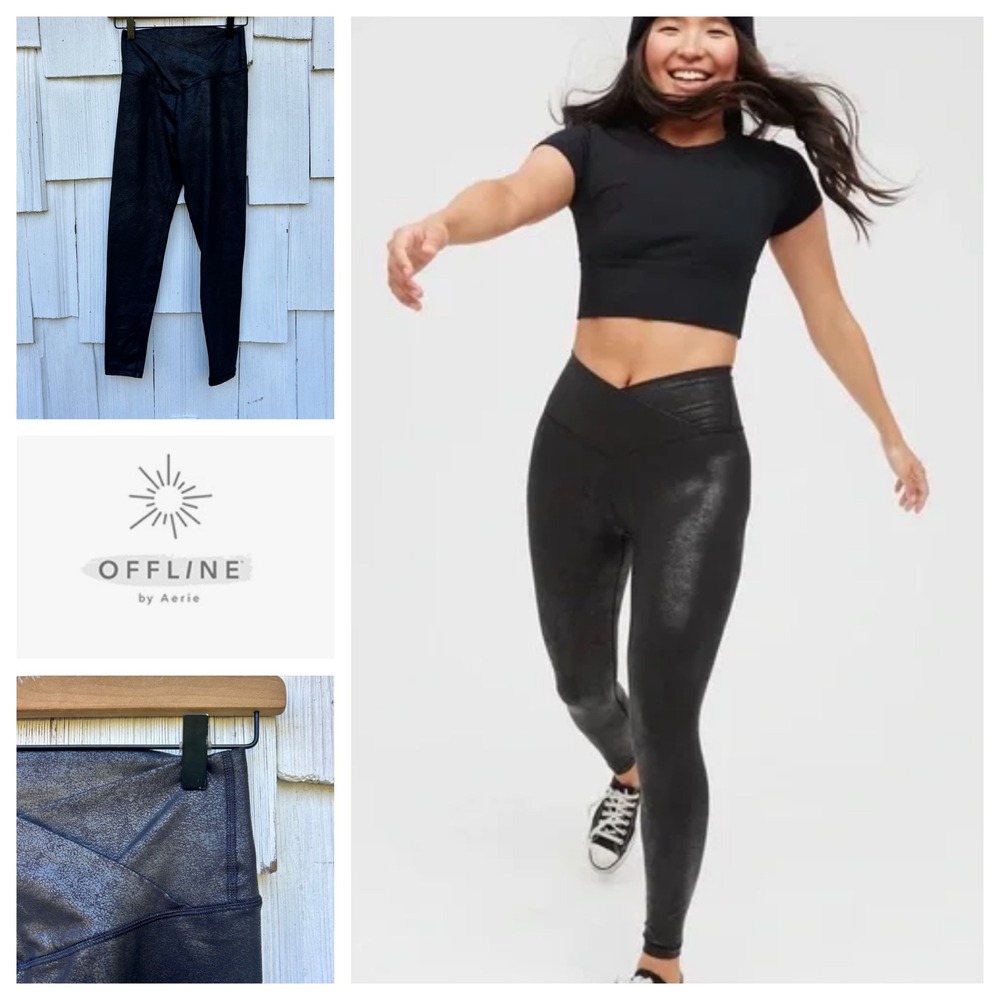 OFFLINE by Aerie Black‎ The Hugger High Waisted Crisscross Waistband Leggings M